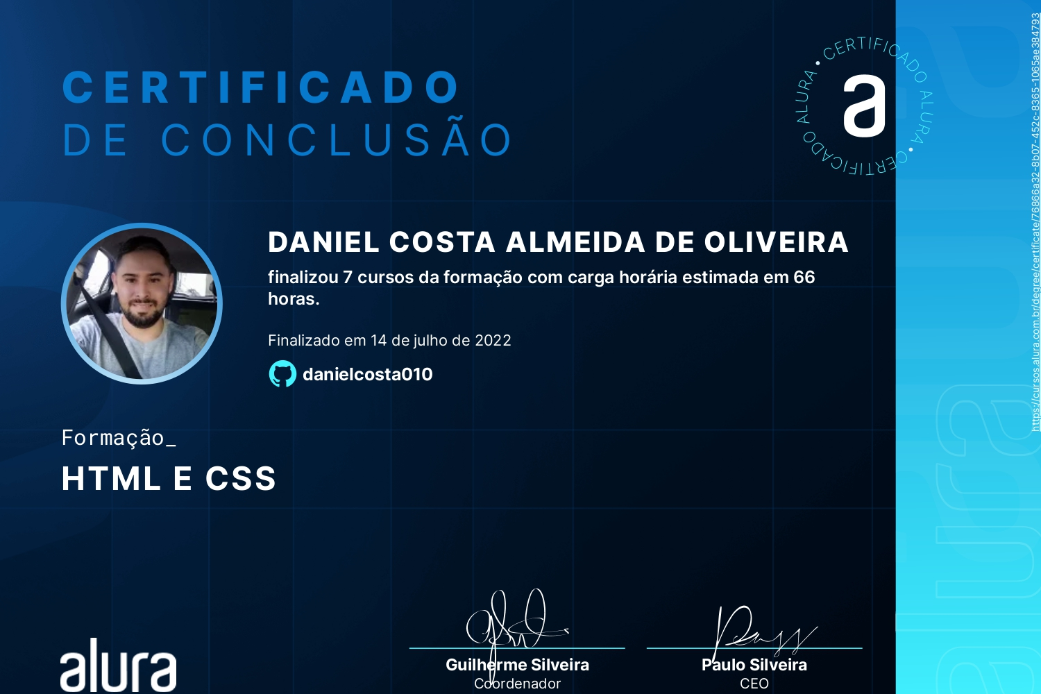 Foto certificado formação HTML5 CSS3